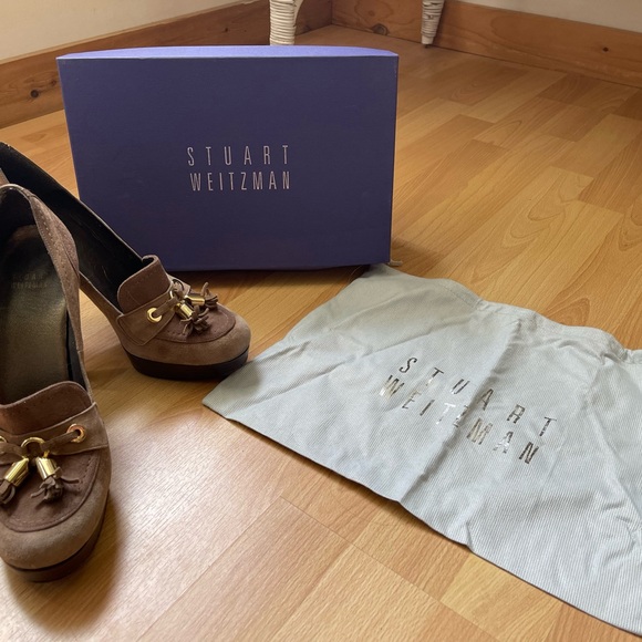 STUART WEITZMAN TASSUP SUEDE STACKED HEEL PLATFORM TASSELED LOAFER IN HAZE Sz8.5 - Picture 8 of 10